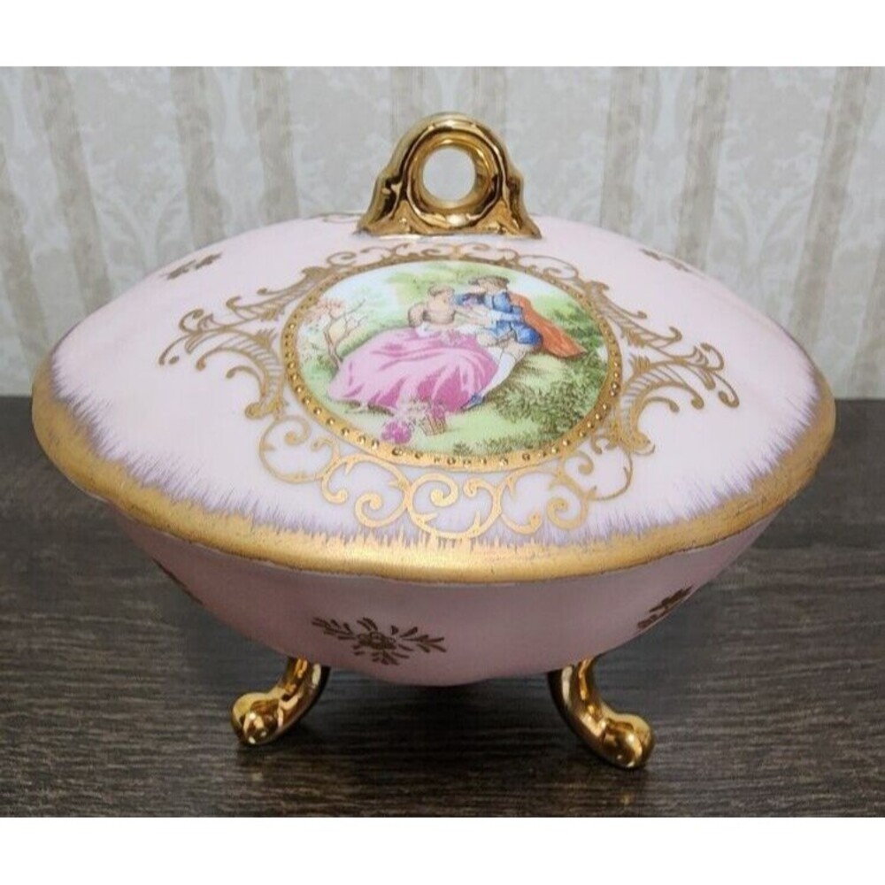 Vintage Lefton China Gold Pink Victorian Couple Lidded Dish Footed 1616